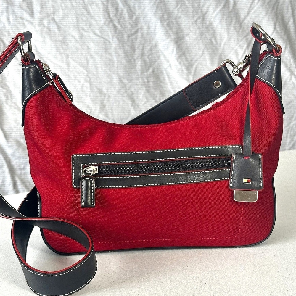 Vintage Tommy Hilfiger Red Canvas Shoulder Bag Black Trim Y2K Hobo Purse Style - Picture 1 of 4